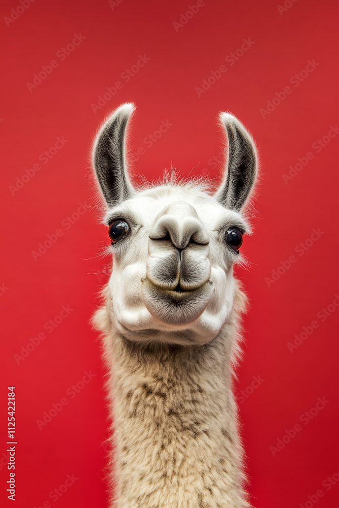 Obraz premium Angry and surprised llama isolated on a red background, eyes wide open and ears perked, giving a humorous and excited look.