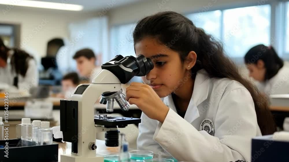A focused young scientist in a white lab coat using a microscope in a bright laboratory, exploring scientific research and learning
