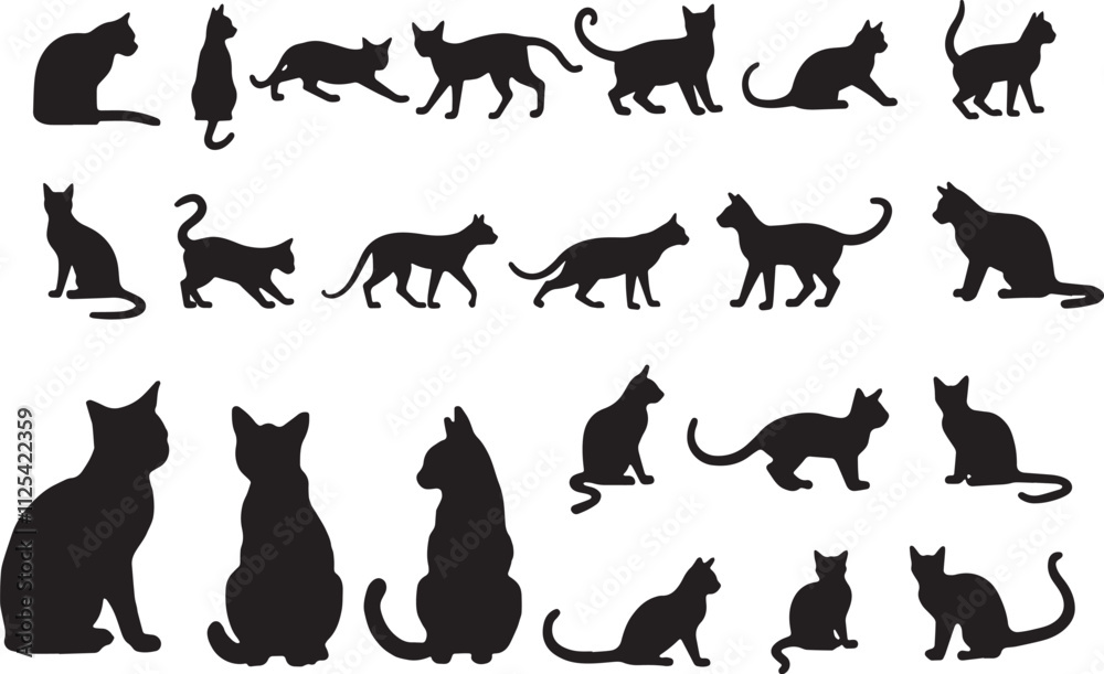 Set of silhouettes of cats on a black and white background. Vector illustration