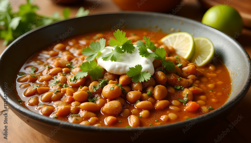 Lentil stew with yogurt, cilantro, and lime garnish Lentil stew with yogurt, cilantro, and lime garnish