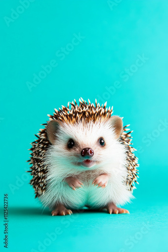 A funny and surprised hedgehog isolated on a turquoise background, with its spines fluffed up and eyes wide. photo