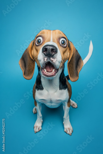 A funny and excited Beagle with a shocked face isolated on a blue background, wide eyes and tail raised in surprise. photo