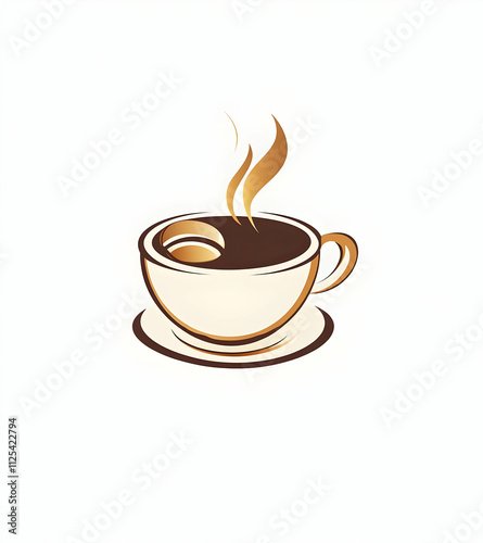 Logo design featuring a steaming coffee cup with two brown beans in minimalist style.