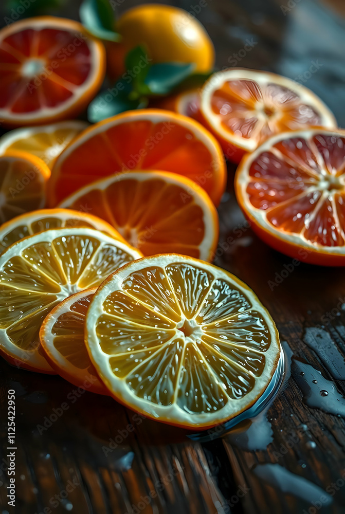 A rustic wooden table with a variety of citrus fruits—sliced lemons, oranges, and grapefruits arranged artistically. The scene is lit with warm morning sunlight, creating beautiful textures A rustic wooden table with a variety of citrus fruits—sliced lemons, oranges, and grapefruits arranged artistically. The scene is lit with warm morning sunlight, creating beautiful textures