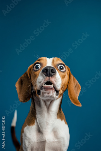 A funny and excited Beagle with a shocked face isolated on a blue background, wide eyes and tail raised in surprise. photo