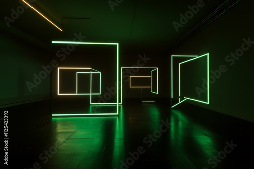 A dark 3D space with floating holographic lines and squares, illuminated by soft neon lights, giving off a futuristic and minimalistic vibe.