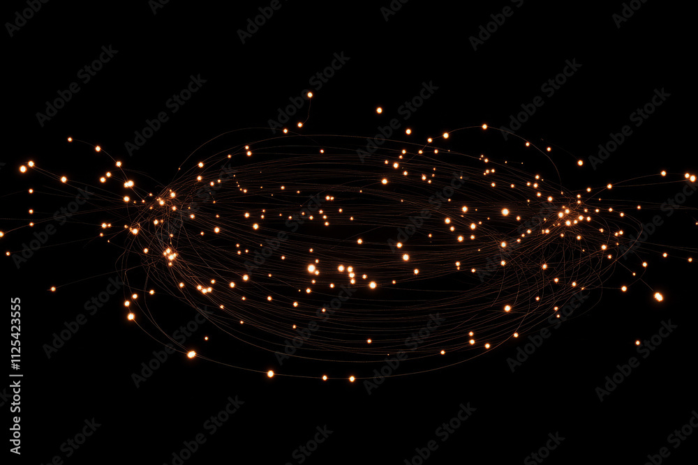 Obraz premium A 3D design featuring a glowing, interconnected network of lines and glowing dots, all suspended in space against a dark black background.