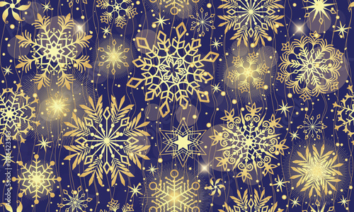 Vector Christmas hand drawn seamless pattern with doodle golden gradient snowflakes and stars and bokeh on dark blue