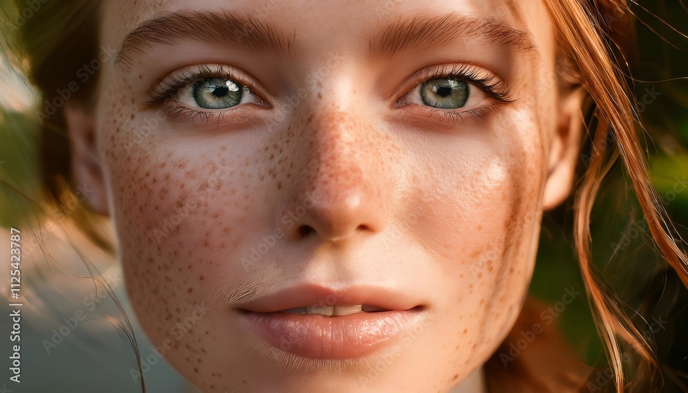 Close up portrait capturing the natural beauty and freckles of a young woman with striking green eyes, embodying self acceptance Close up portrait capturing the natural beauty and freckles of a young woman with striking green eyes, embodying self acceptance