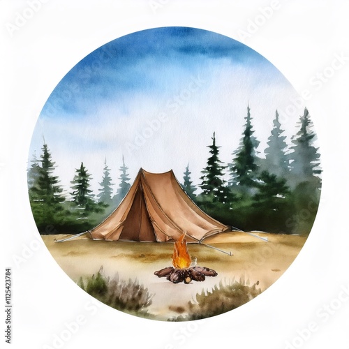 Serene campsite watercolor painting with cozy tent and warm bonfire in tranquil forest clearing photo