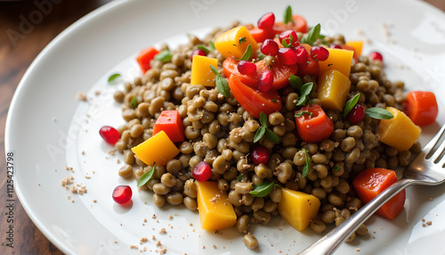 Lentil salad with squash, pomegranate, and herbs