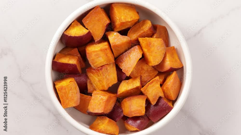 roasted sweet potatoes in bowl baked on light surface roasted sweet potatoes in bowl baked on light surface