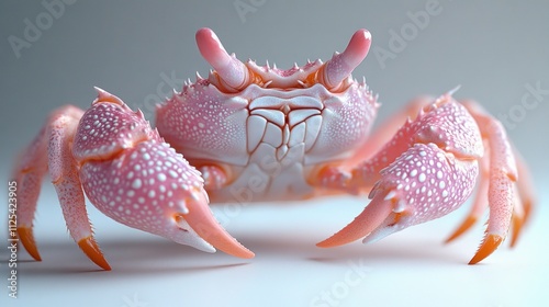 Close-up of a pink crab with white spots, facing forward on a light gray background. photo