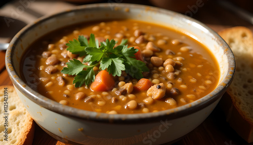  Lentil soup with carrots and parsley garnish