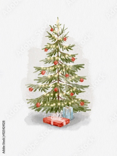 Christmas tree in brights garlands and red balls toys. Gifts under the christmas tree. Watercolor card