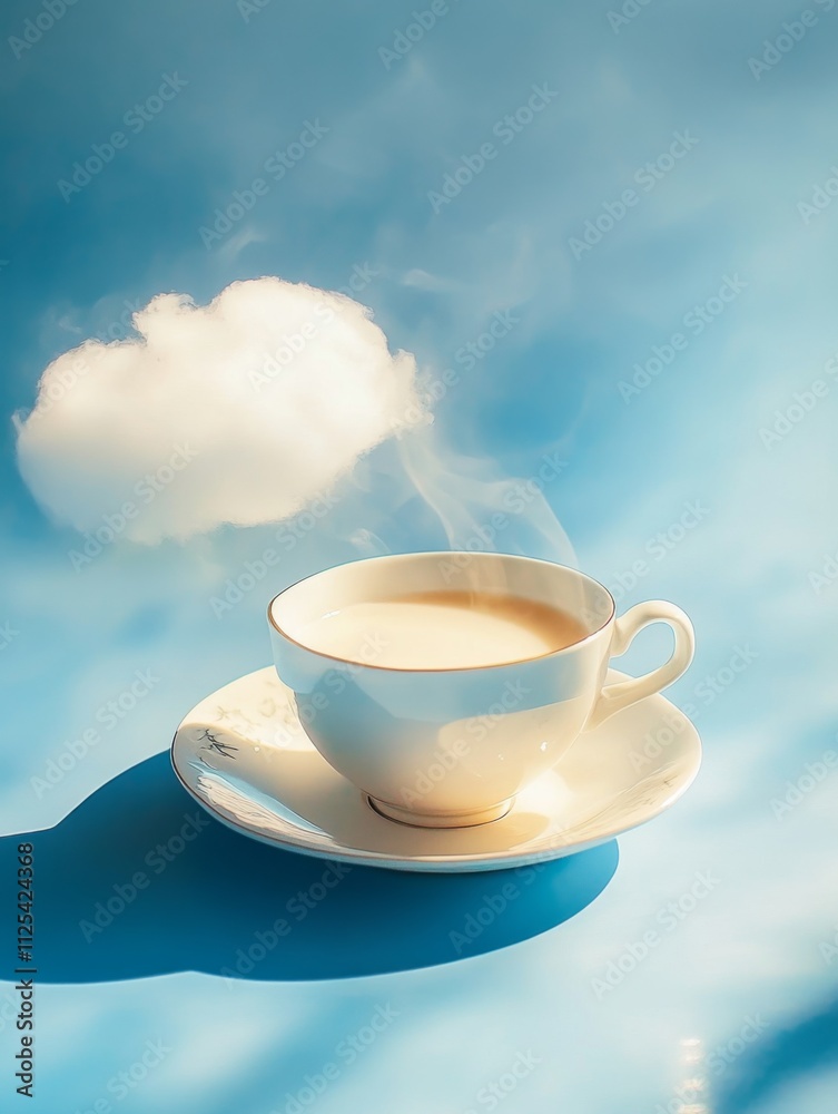 A steaming cup of coffee sits on a surface, with a fluffy white cloud above it, creating a serene and dreamy atmosphere in a blue setting. A steaming cup of coffee sits on a surface, with a fluffy white cloud above it, creating a serene and dreamy atmosphere in a blue setting.