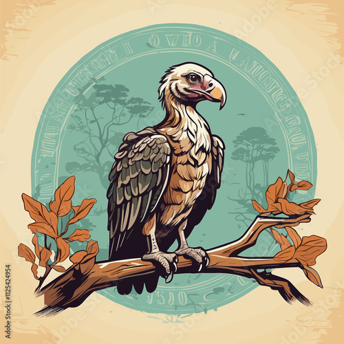 Majestic Cape Griffon Vulture Perched on Branch, African Savanna Background. Bird Vector. Vector Illustration. T-shirt Vector Design. photo