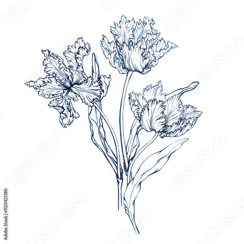 Bouquet with blue tulip in vintage Toile de Jouy fabric style. Hand drawn monochrome watercolor painting, illustration isolated on white background