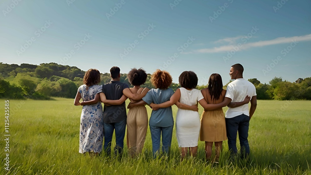 Diverse Group of Friends Standing Together in a Field Diverse Group of Friends Standing Together in a Field