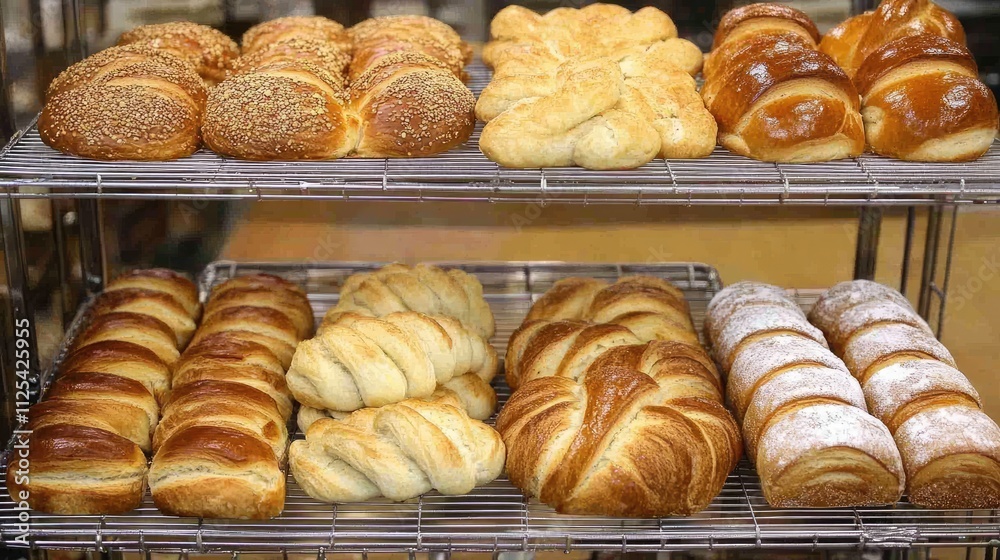Freshly Baked Assorted Breads on Display in a Bakery Case Freshly Baked Assorted Breads on Display in a Bakery Case