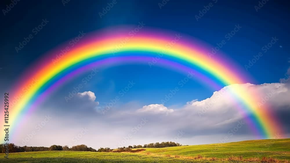 Majestic Rainbow Arcing Over Lush Green Field Majestic Rainbow Arcing Over Lush Green Field