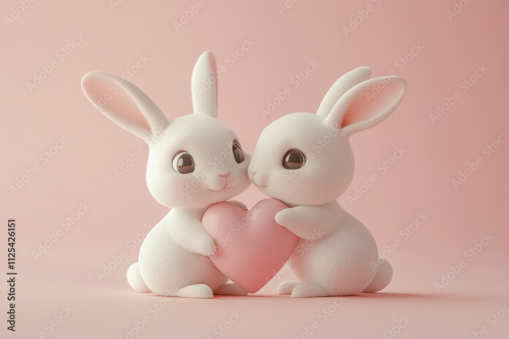 Pair charming white rabbits in love holding pink heart on light solid background, beautiful romantic illustration for Valentine's day, design for holiday greeting card. Pair charming white rabbits in love holding pink heart on light solid background, beautiful romantic illustration for Valentine's day, design for holiday greeting card.