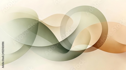 Geometric overlay translucent shapes soft pale beige, light brown, olive green, abstract background with wave, circles and curves for design.