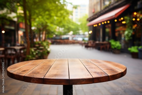 Empty round wooden table in urban street coffee house on blurred background with other cafes and trees, podium for presentation of new product or montage.