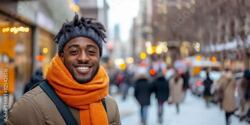 Close-up portrait of young smiling African American guy with dreadlocks wearing in warm clothes on street. Handsome man with happy face in outdoor looking at camera, city background with copy space