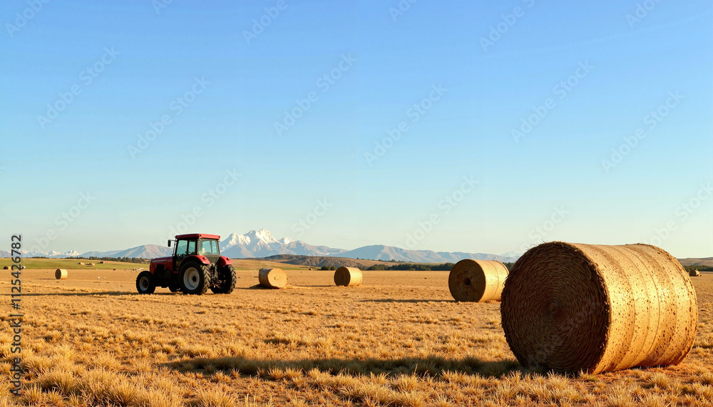 Fototapeta premium Golden fields stretch under a clear blue sky as a tractor rolls among hay bales in a tranquil rural setting