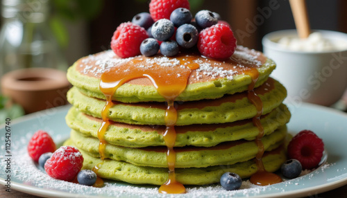 Matcha pancakes with berries and caramel syrup