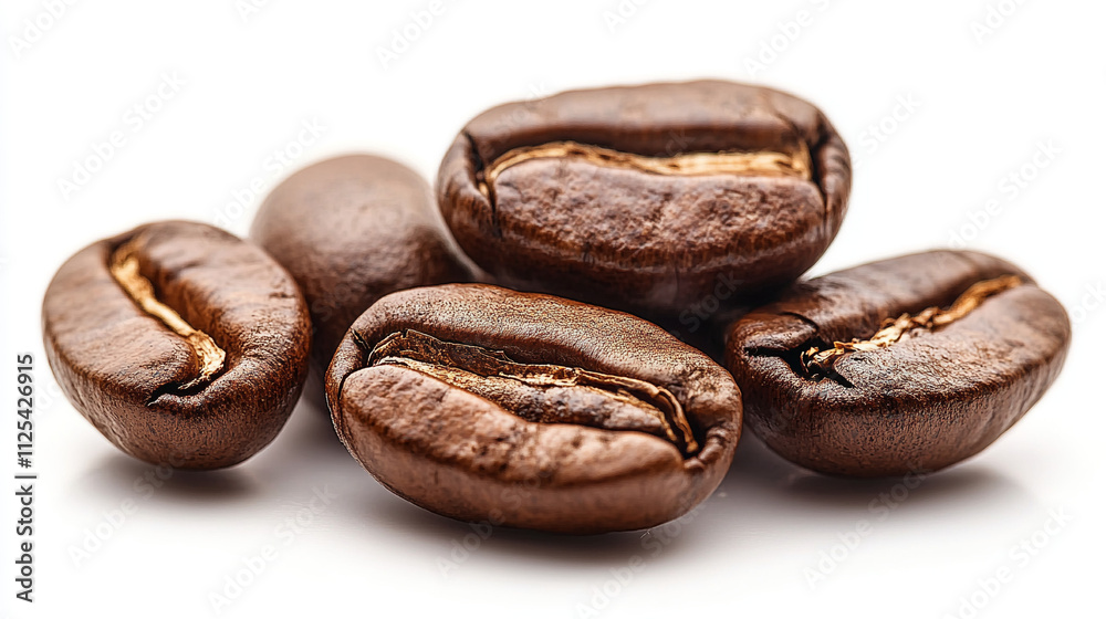 Aromatic coffee beans roasted to perfection, close-up view on white Aromatic coffee beans roasted to perfection, close-up view on white