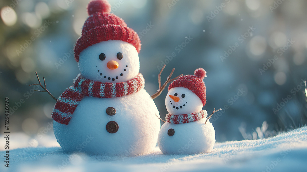 Fototapeta premium Adorable Snowmen in Winter Wonderland Festive Holiday Scene
