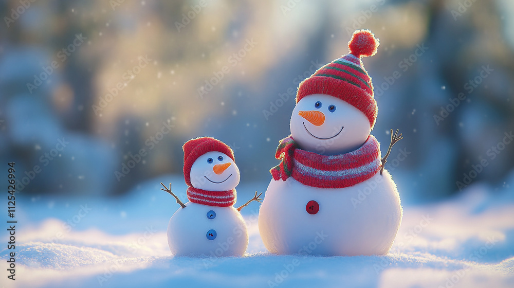 Fototapeta premium Adorable Snowmen in Winter Wonderland Festive Holiday Scene
