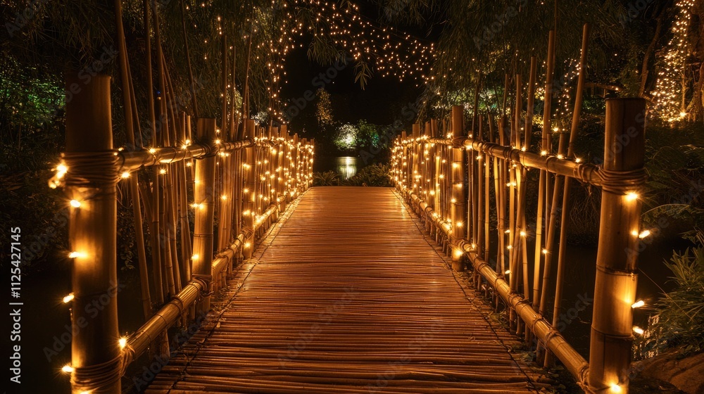 Enchanting bridge illuminated by warm string lights at night Enchanting bridge illuminated by warm string lights at night