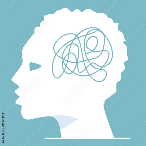 Woman mental health concept.Head with messy thoughts.Emotional burnout and other psychological problems. Depressed people with mental disorder.Vector illustration.