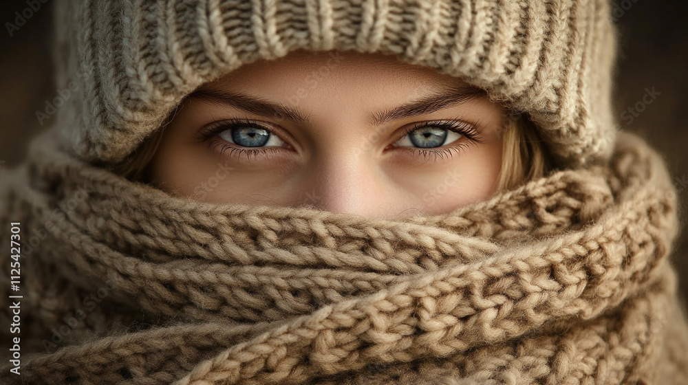 Close up Portrait Woman s Eyes Knitted Hat Scarf Winter Fashion Cozy Blue Eyes Fema Close up Portrait Woman s Eyes Knitted Hat Scarf Winter Fashion Cozy Blue Eyes Fema