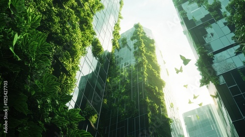 Urban oasis with greenery and butterflies in contemporary architecture during daylight #1125427703