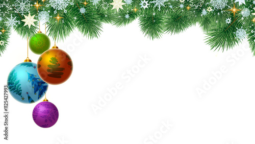Colorful Christmas balls hanging on green fir tree branch.