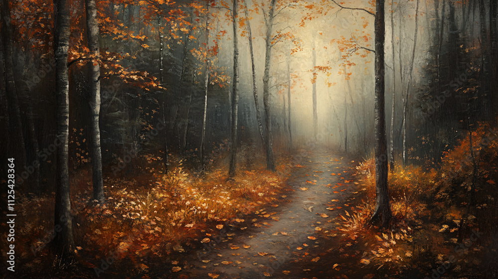 Pathway through an autumn forest surrounded by orange and yellow leaves. Pathway through an autumn forest surrounded by orange and yellow leaves.