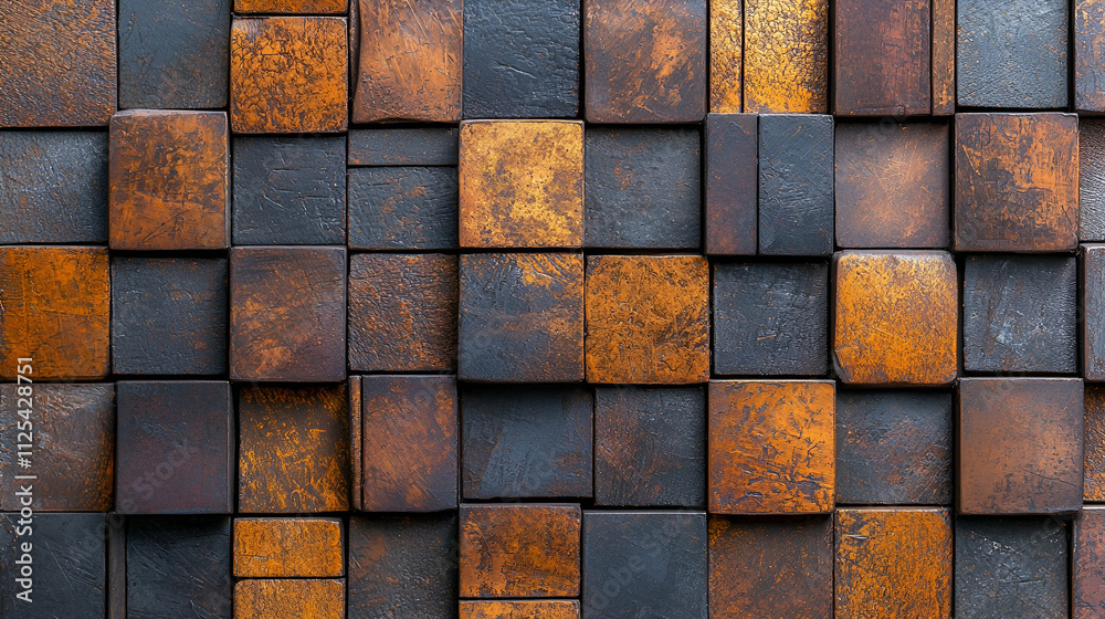 Textured wooden tiles with a rustic, dark brown and orange color palette, arranged in a geometric pattern creating a warm, vintage feel. Textured wooden tiles with a rustic, dark brown and orange color palette, arranged in a geometric pattern creating a warm, vintage feel.