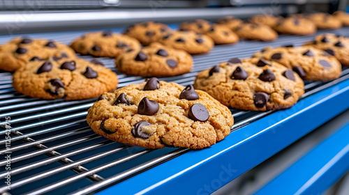 Freshly baked chocolate chip cookies cooling on a wire rack, showcasing their golden-brown color and melted chocolate chips.