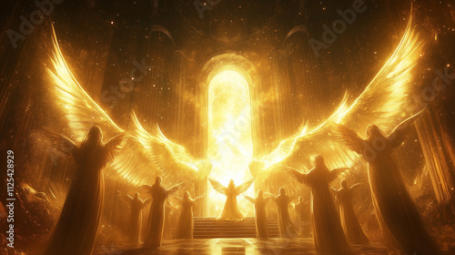 A choir of angels singing in harmony, their wings shimmering and golden halos glowing in a magnificent celestial hall