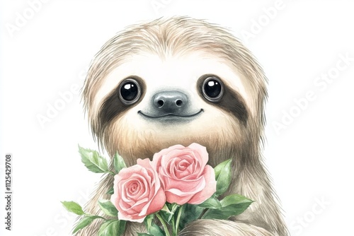 With the light and graceful strokes of watercolor, this heartening scene displays the adorable nature of a cute sloth, surrounded by an abundant array of blossoms. photo