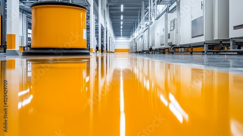 A minimalistic view of a polished, reflective floor with bright yellow accents in a spacious industrial setting photo