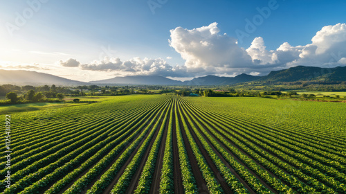 Fertile plains with rows of crops stretching into the distance, a colorful landscape