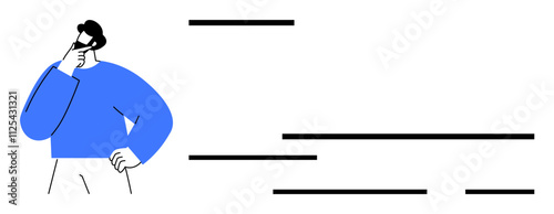 Pensive character holding chin with one hand while other hand on hip, thinking. Ideal for presentations, brainstorming sessions, decision-making processes, marketing materials, educational content