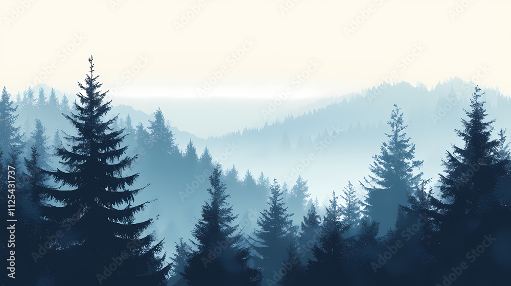 Seasonal background with snow covered trees in a pale fog. serene winter woodland banner. Frosted. Illustration Seasonal background with snow covered trees in a pale fog. serene winter woodland banner. Frosted. Illustration