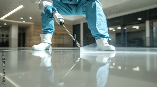 A pest control worker in protective gear sprays a chemical solution onto a shiny floor surface