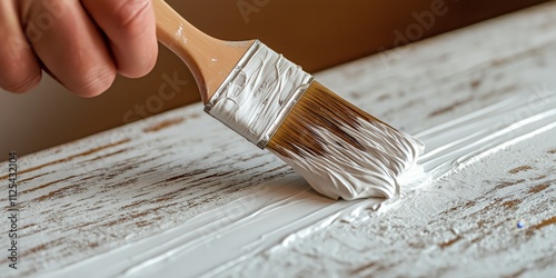 A close-up of a painter's hand using a brush to apply fresh white paint on a wooden surface